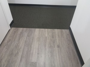 Floor transition from wood to carpet in a hallway.