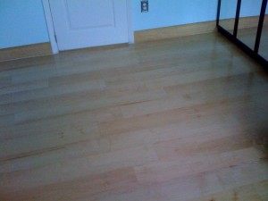 Light-colored wooden floor in a room with blue walls.