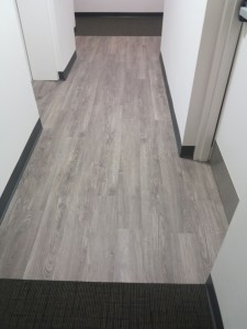 Hallway with light gray wooden flooring and white walls.