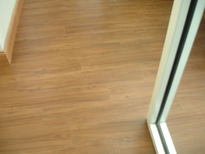 Light wood flooring with a glass door on the right side.