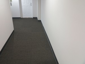 A plain hallway with gray carpet and white walls.