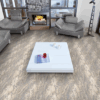 Modern living room with gray sofas and a white coffee table.