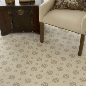 Beige carpet with circular patterns under a chair and trunk.